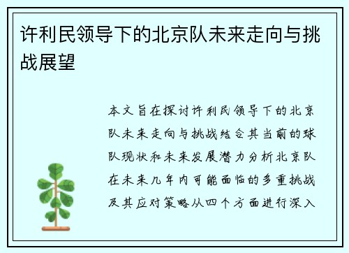 许利民领导下的北京队未来走向与挑战展望