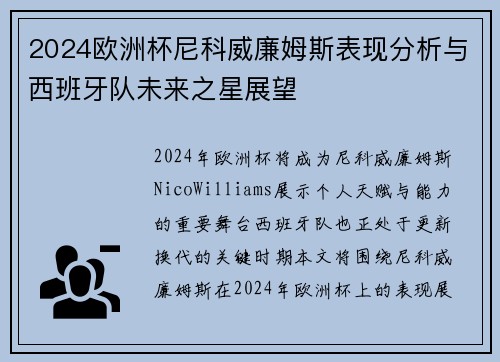 2024欧洲杯尼科威廉姆斯表现分析与西班牙队未来之星展望